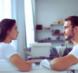 Couple talking sitting on a couch and looking each other at home. Divorce in Illinois While Living Together