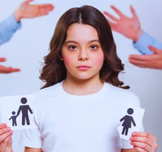 Sad young girl holding a broken piece of paper with family printed and arguing adults in the background. mandatory parenting class