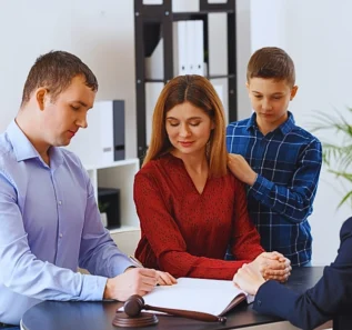 Divorced parents with their son visiting lawyer. Mistakes in Uncontested Divorce