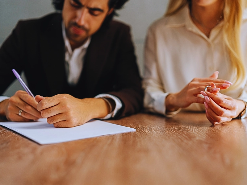 A couple sitting at a desk, signing legal documents. The man is holding a pen and signing papers, while the woman is holding a wedding ring in her hand. Who Qualifies for an Uncontested Divorce in Illinois